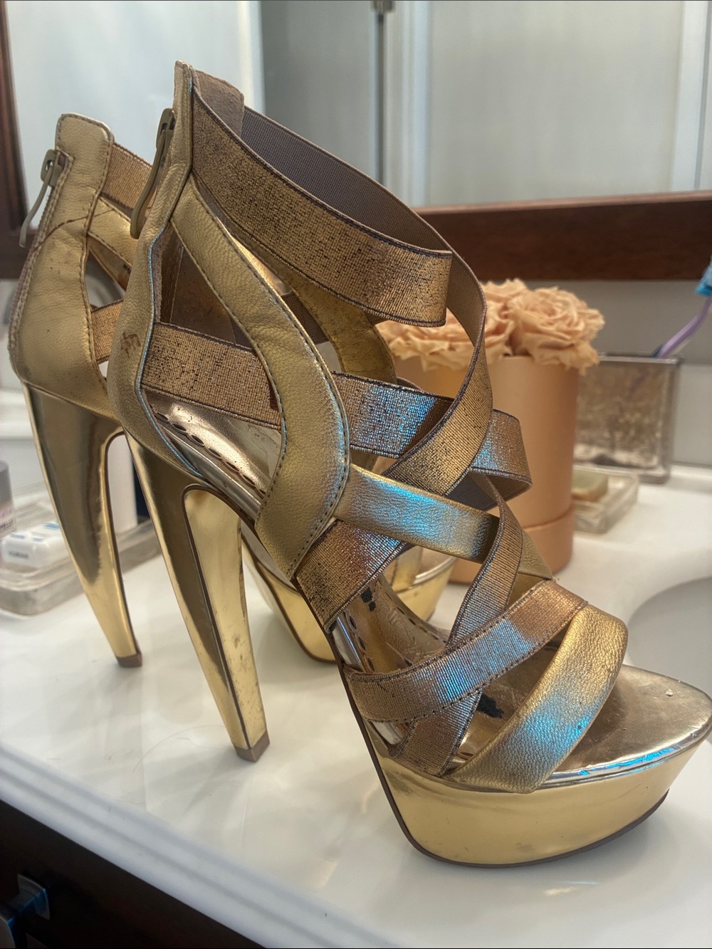 Bebe Gold Strappy Platform High Heel Sandals - Women's 6